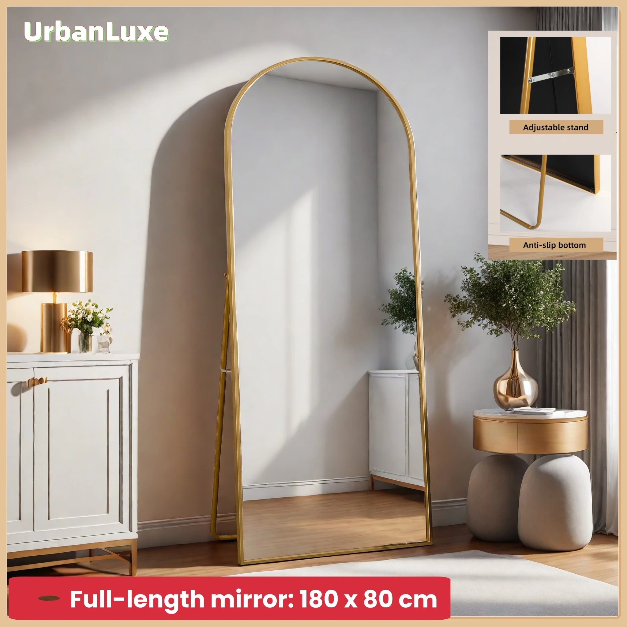 180x80 cm Full Body Mirror Tempered Glass Aluminum Alloy Frame Stand Mirror Full Body Mirror Standing Mirror Gold