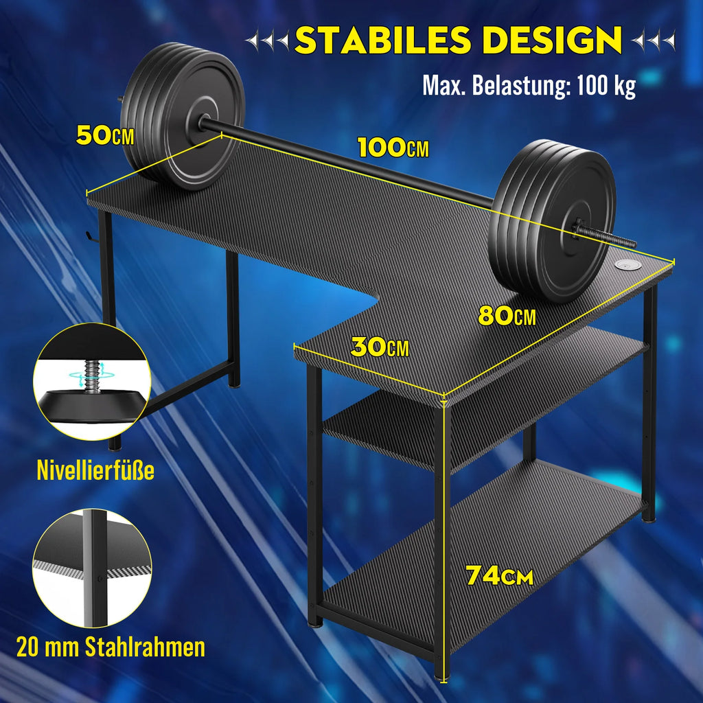 COMHOMA Desk Gaming table with Shelf 100cm Computer table L Shape PC table for office Home Office