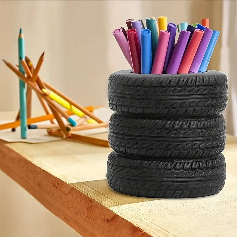 1PC Fun Tire Shaped Pen Holder - Durable Black PVC Desktop Storage Box, Suitable for Schools and Offices