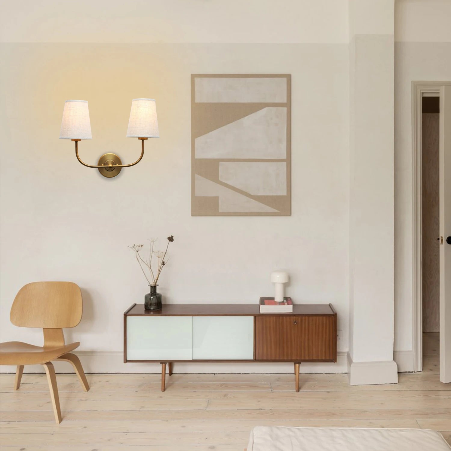 Permo Vintage Double Sconce Antique 2-Lights with Flared Funnel Linen Beige Fabric Shade