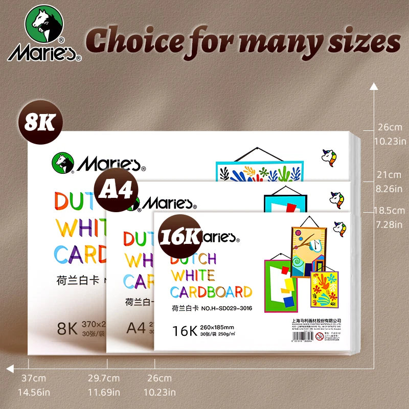 30 Sheets Marie's White Cardstock, 3 Sizes Papers, 16K/A4/8K Paintng Card Stock, Smooth Card Paper,250gsm/90 lb Heavy Card Stock