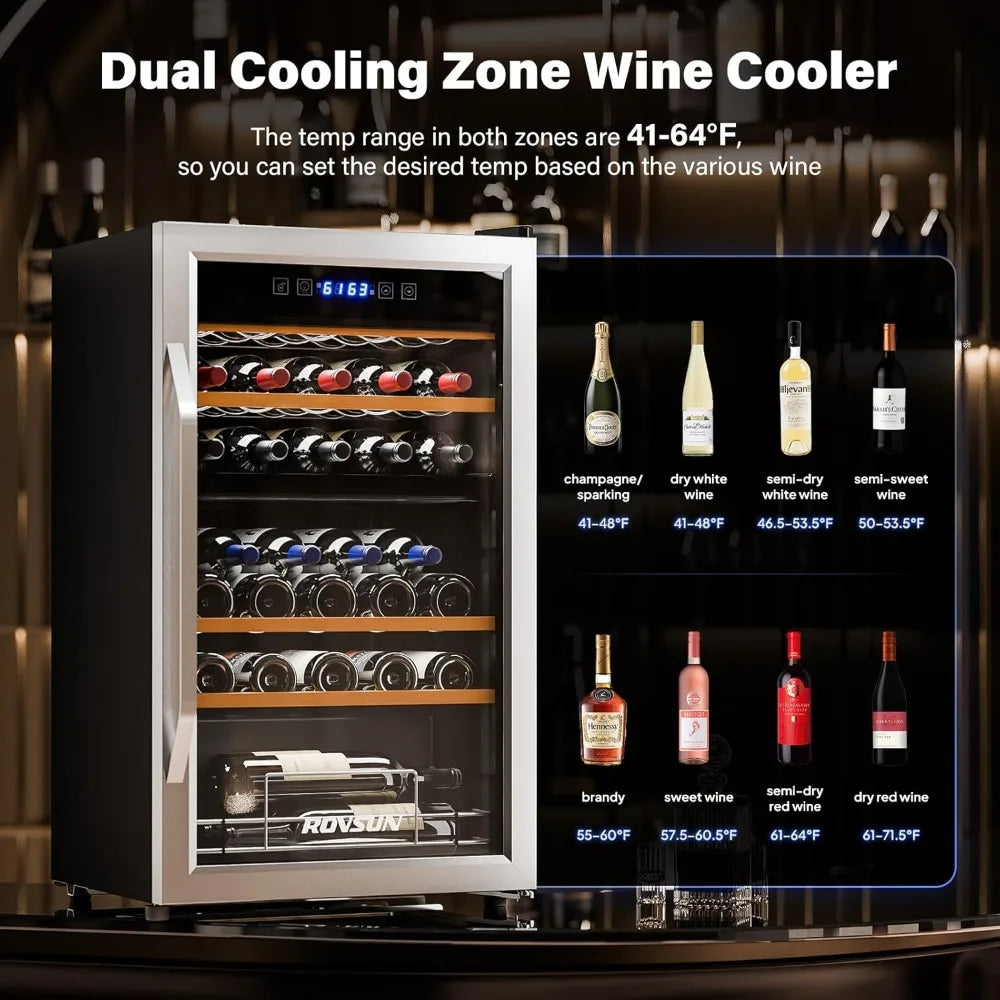 33 Bottle Wine Fridge, Dual Zone Wine and Beverage Refrigerator with Independent Temp & LED Control Panel, Freestanding
