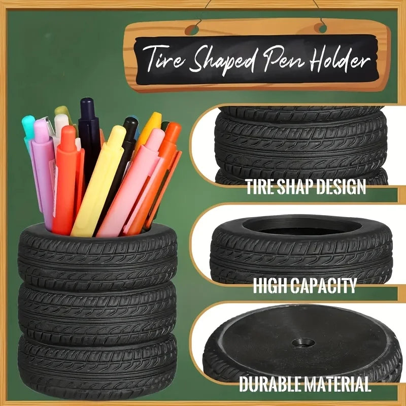 1PC Fun Tire Shaped Pen Holder - Durable Black PVC Desktop Storage Box, Suitable for Schools and Offices