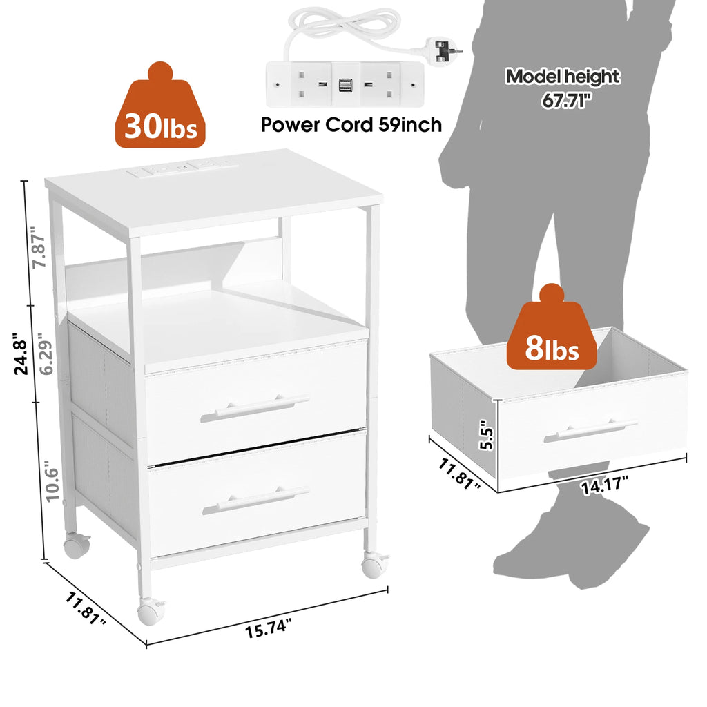 Bedside Table With Charging Station Nightstand With 2 Outlets And 2 USB Ports With 4 Castors