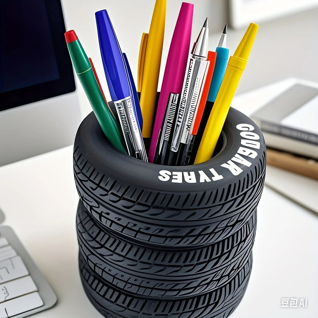 1PC Fun Tire Shaped Pen Holder - Durable Black PVC Desktop Storage Box, Suitable for Schools and Offices