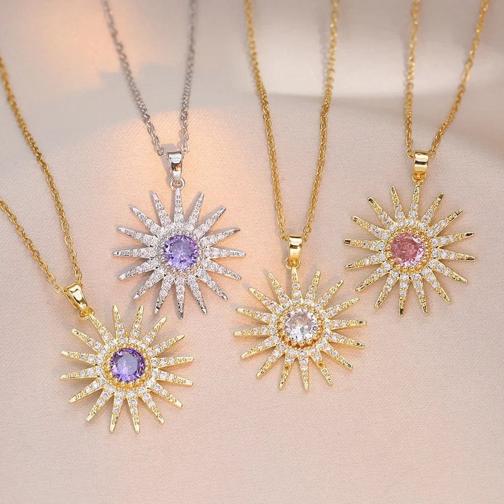 Stainless Steel Gold Color Zircon Sunflower Pendant Necklace for Women Girls Lovely Jewelry Accessories Gifts for Thanksgiving