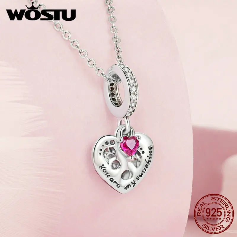 WOSTU 925 Sterling Silver Heart Shape Charms Growth Hanging Bead Red CZ Love Affinity Pendant For Original Jewelry Thanksgiving
