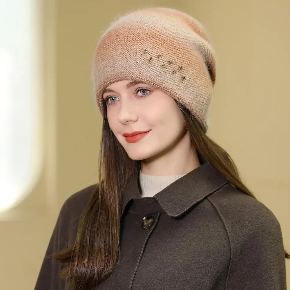 Women Rabbit Fur Gradient Winter Hat Fashion Decorate Beanie Hat Warm Winter Cap For Female Casual Streetwear Knitted Hat