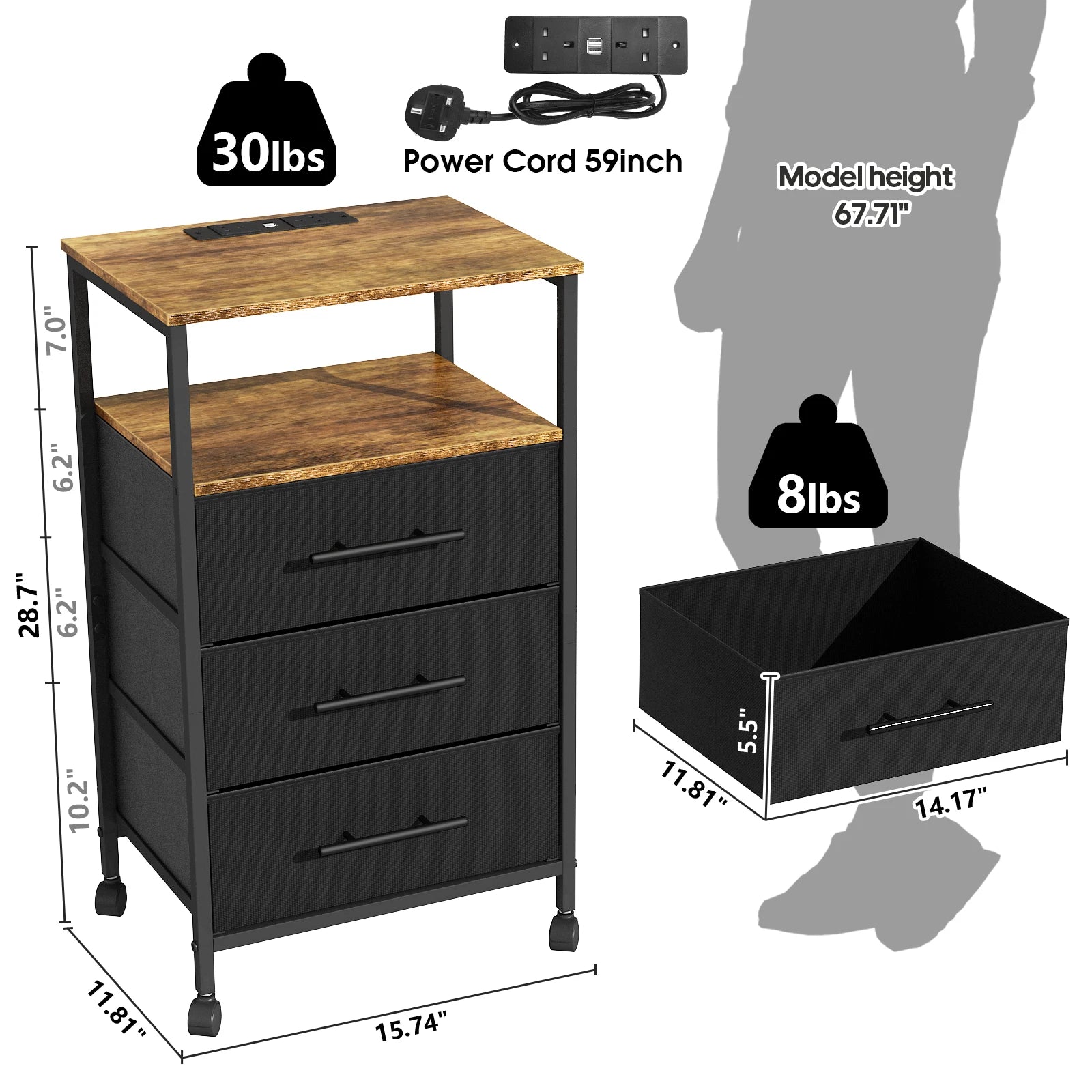 Bedside Table With Charging Station Nightstand With 2 Outlets And 2 USB Ports With 4 Castors