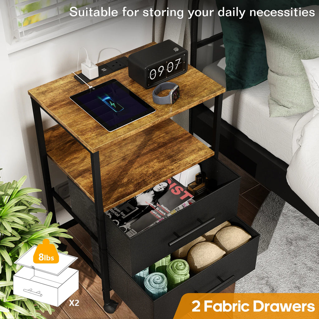 Bedside Table With Charging Station Nightstand With 2 Outlets And 2 USB Ports With 4 Castors