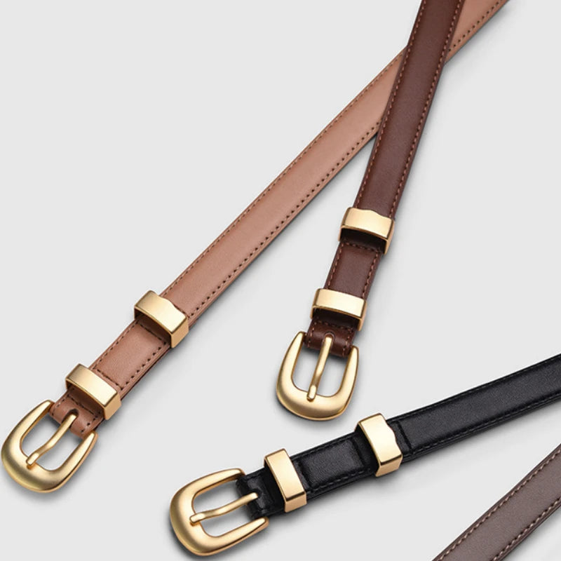 Women's Versatile Classic Belt Dress Pants Jeans Fashion Accessories Casual Business Slim Belt Gold Alloy Buckle