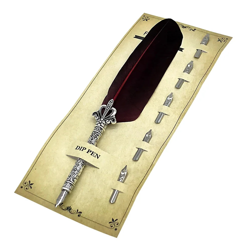 1 Set Vintage Calligraphy Feather Dip Pen with 5 Nib Writing Ink Quill Fountain for School Office Work Accessories