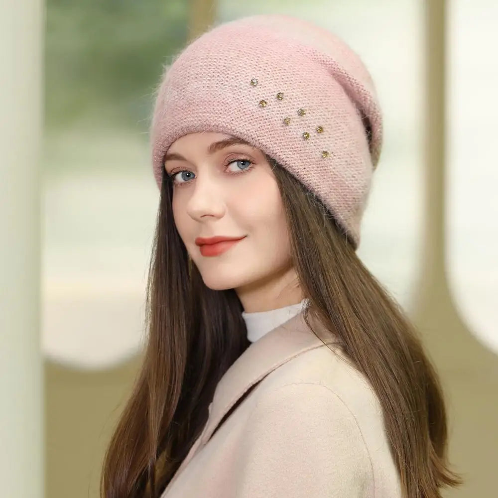 Women Rabbit Fur Gradient Winter Hat Fashion Decorate Beanie Hat Warm Winter Cap For Female Casual Streetwear Knitted Hat
