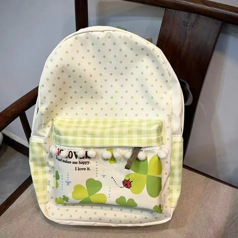 Cute Japanese Countryside Style Nylon Canvas Green Lucky Clover Large Capacity Schoolbag Student Stationery Storage Bag Backpack