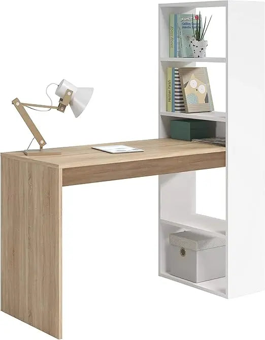 Desk with Reversible Shelf, Computer Table, Artik White and Canadian Oak, Duplo Model, Dimensions: 120 cm (W) x 53 c