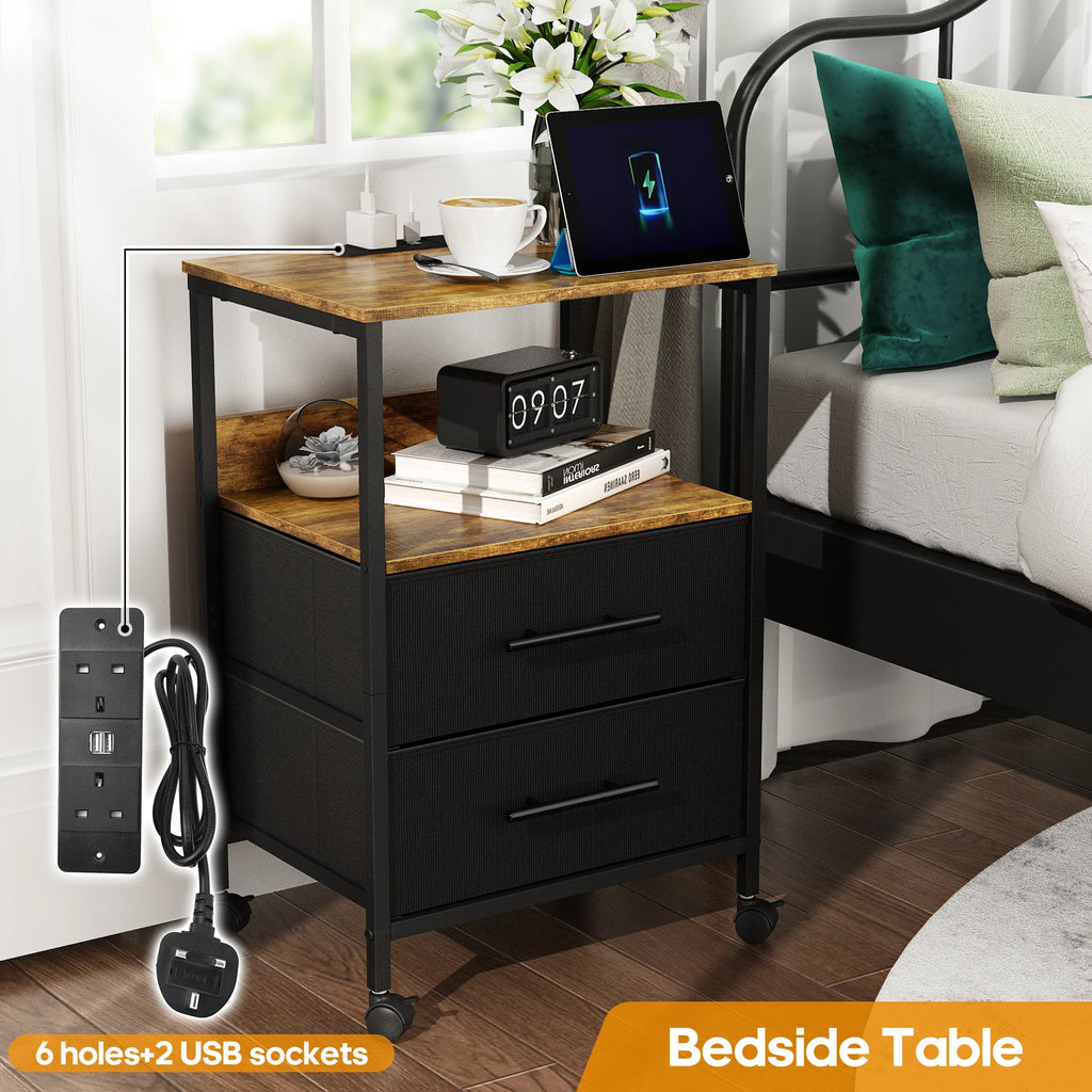 Bedside Table With Charging Station Nightstand With 2 Outlets And 2 USB Ports With 4 Castors