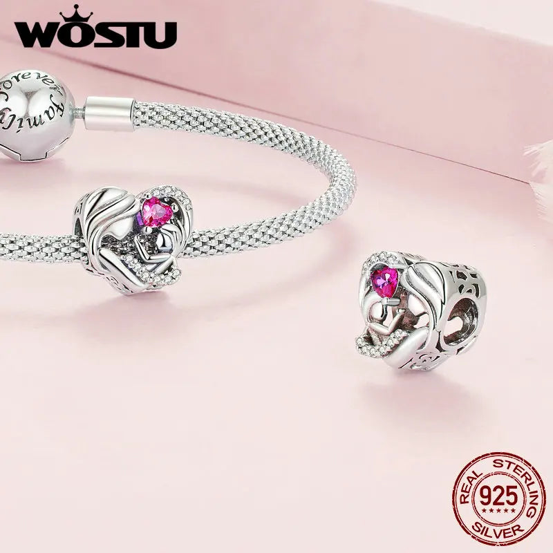 WOSTU 925 Sterling Silver Heart Shape Charms Growth Hanging Bead Red CZ Love Affinity Pendant For Original Jewelry Thanksgiving