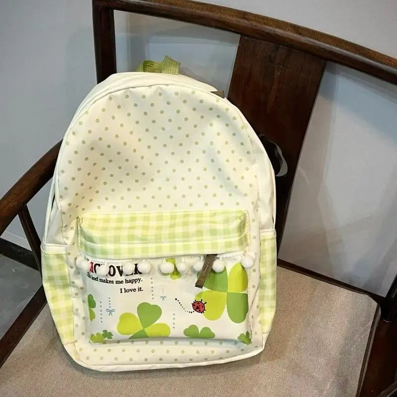 Cute Japanese Countryside Style Nylon Canvas Green Lucky Clover Large Capacity Schoolbag Student Stationery Storage Bag Backpack