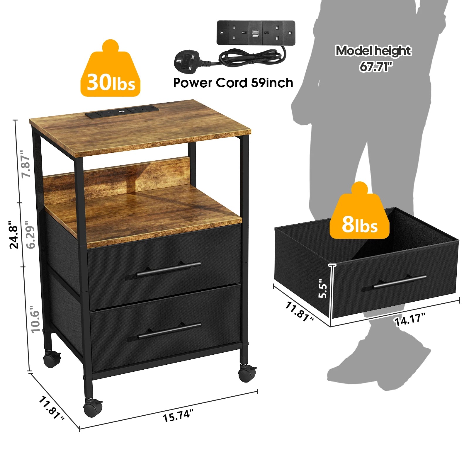 Bedside Table With Charging Station Nightstand With 2 Outlets And 2 USB Ports With 4 Castors
