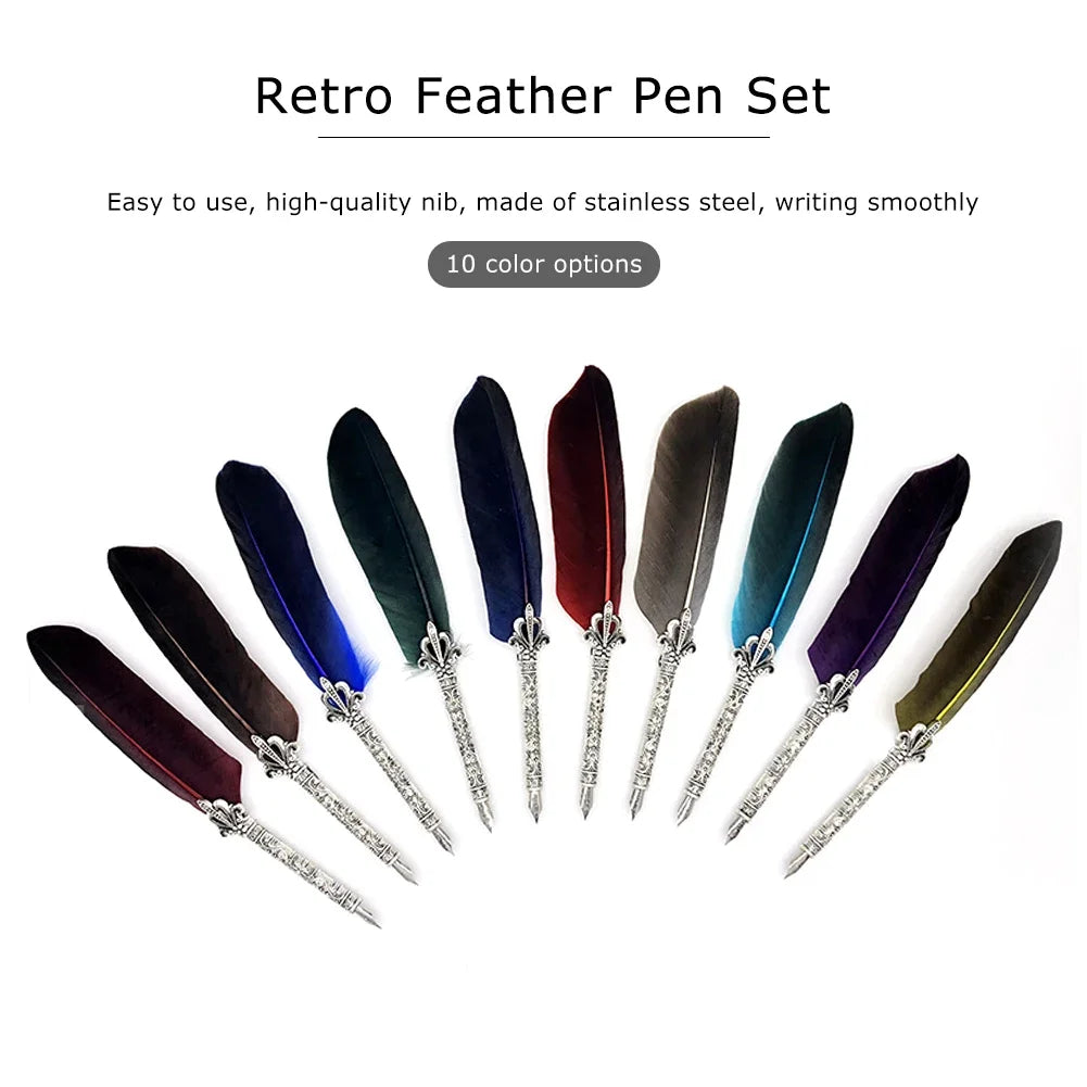 1 Set Vintage Calligraphy Feather Dip Pen with 5 Nib Writing Ink Quill Fountain for School Office Work Accessories