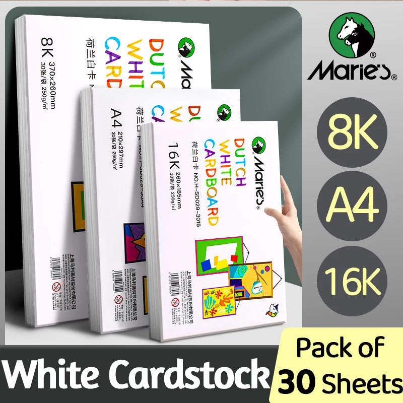 30 Sheets Marie's White Cardstock, 3 Sizes Papers, 16K/A4/8K Paintng Card Stock, Smooth Card Paper,250gsm/90 lb Heavy Card Stock