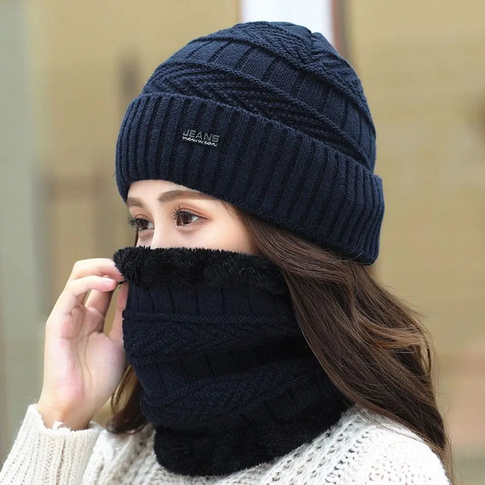 Winter Beanie Hat Scarf Thermal Fleece Knitted Hat Soft Warm Balaclava Wool Neck Warmer Scarf Cap