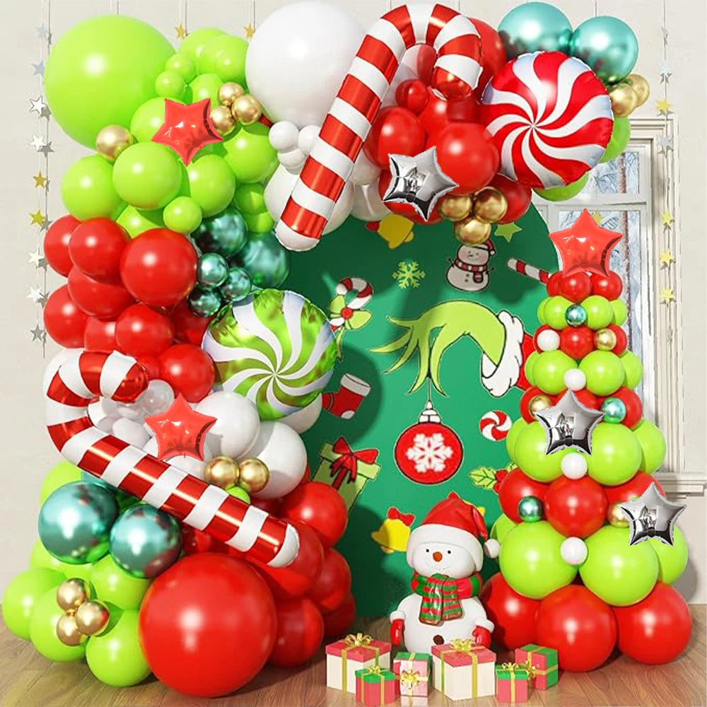 83pcs Christmas Balloon Arch, Red Green Gold White Latex Balloons with Red Candy Sliver Red Star Cane Xmas Foil Balloons Party
