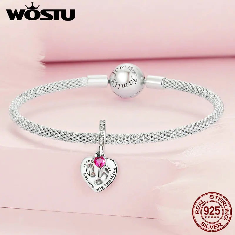 WOSTU 925 Sterling Silver Heart Shape Charms Growth Hanging Bead Red CZ Love Affinity Pendant For Original Jewelry Thanksgiving