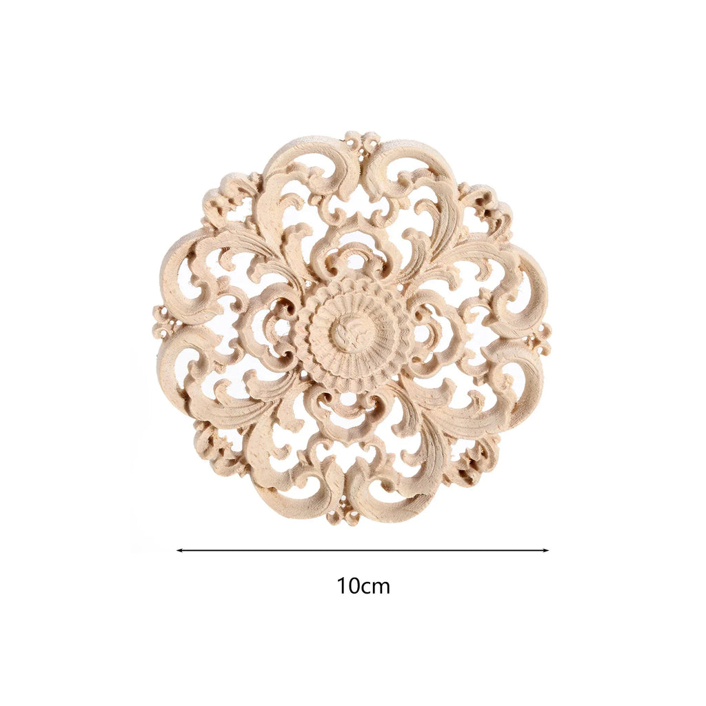 10cm Round Flower Wood Carving Decal Unpainted Disc Onlay Decor Door Furniture Symmetrical European Court Exquisite Single-sided
