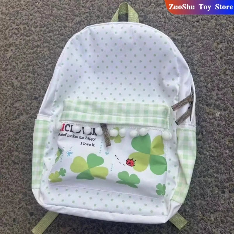 Cute Japanese Countryside Style Nylon Canvas Green Lucky Clover Large Capacity Schoolbag Student Stationery Storage Bag Backpack