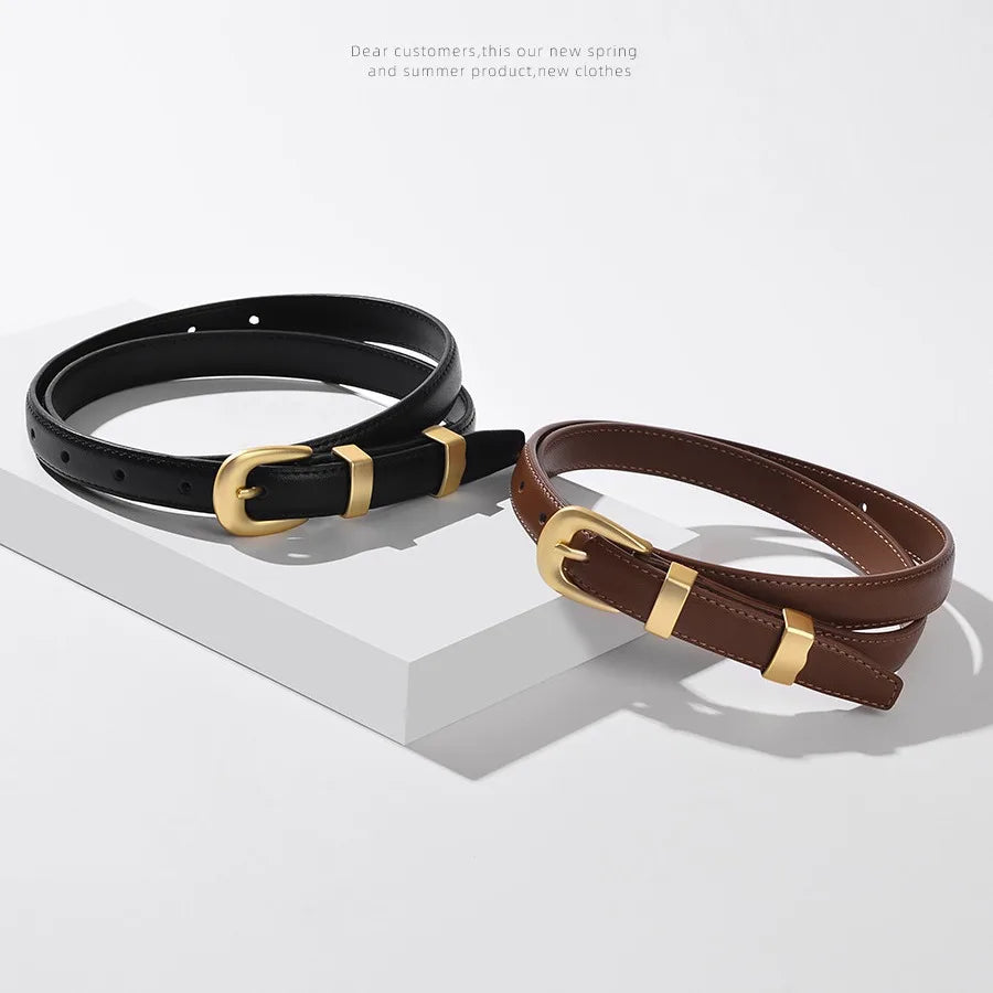 Women's Versatile Classic Belt Dress Pants Jeans Fashion Accessories Casual Business Slim Belt Gold Alloy Buckle