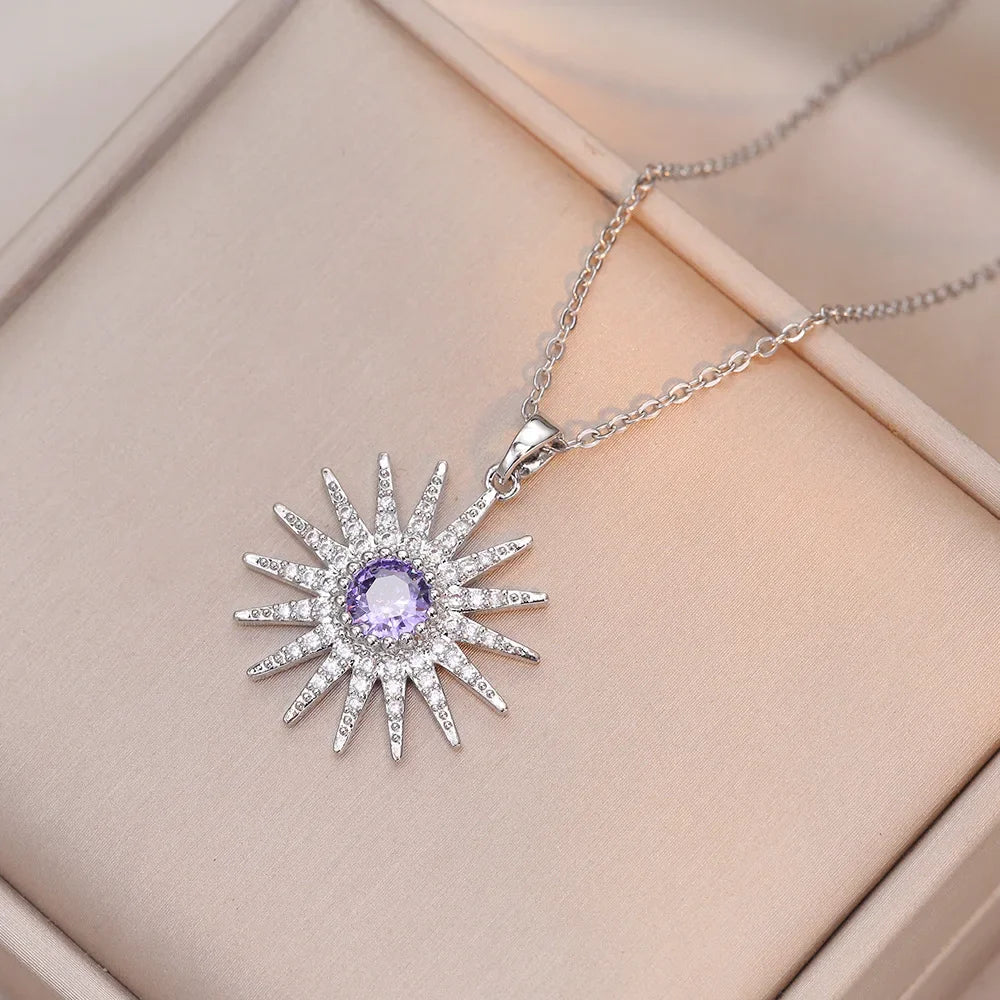 Stainless Steel Gold Color Zircon Sunflower Pendant Necklace for Women Girls Lovely Jewelry Accessories Gifts for Thanksgiving