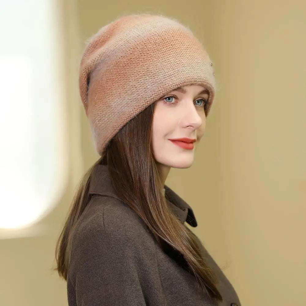 Women Rabbit Fur Gradient Winter Hat Fashion Decorate Beanie Hat Warm Winter Cap For Female Casual Streetwear Knitted Hat