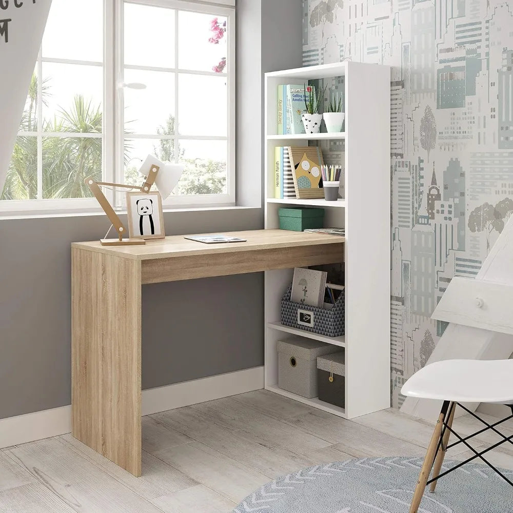 Desk with Reversible Shelf, Computer Table, Artik White and Canadian Oak, Duplo Model, Dimensions: 120 cm (W) x 53 c