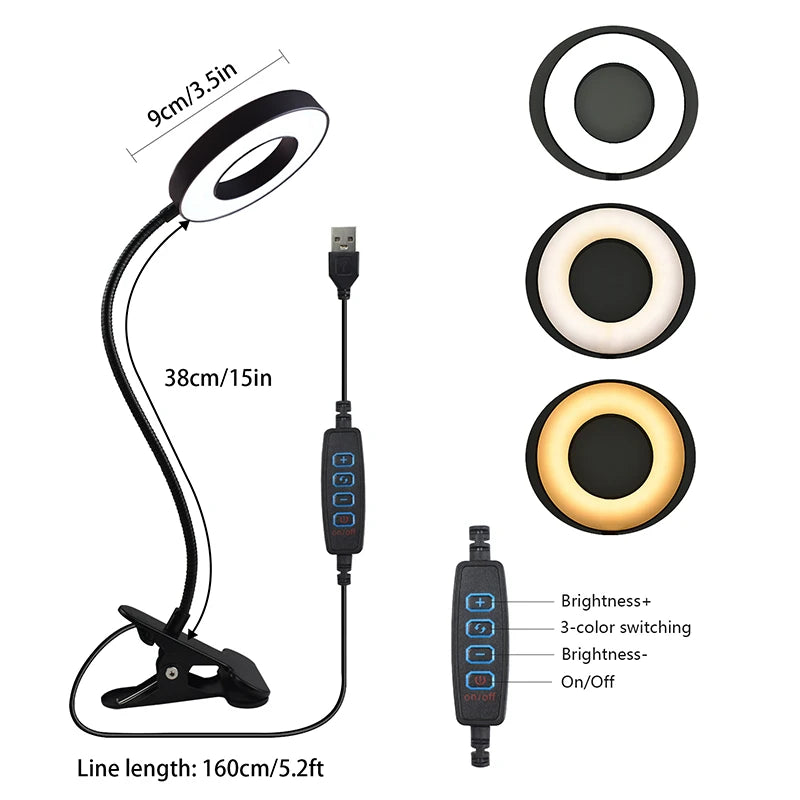 LED Desk Lamp Eye Protection Learning Reading Manicure Facial Selfie Supplement Light Magnifying Glass Desktop Clip Lamp