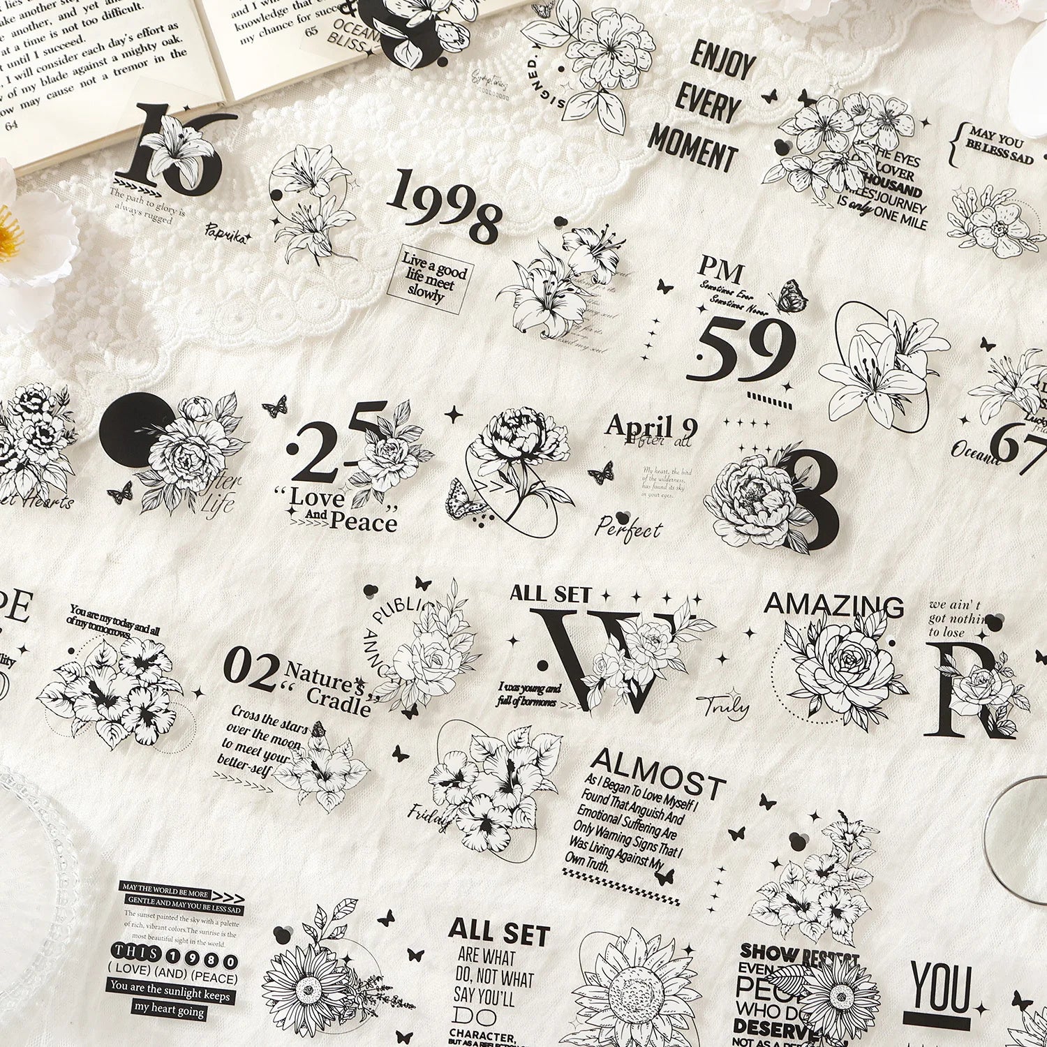 6sheets Plant Flower Decorative Sticker Large Size PET Hand Account Material Sticker Pack Scrapbook Diary Album Journal Planner