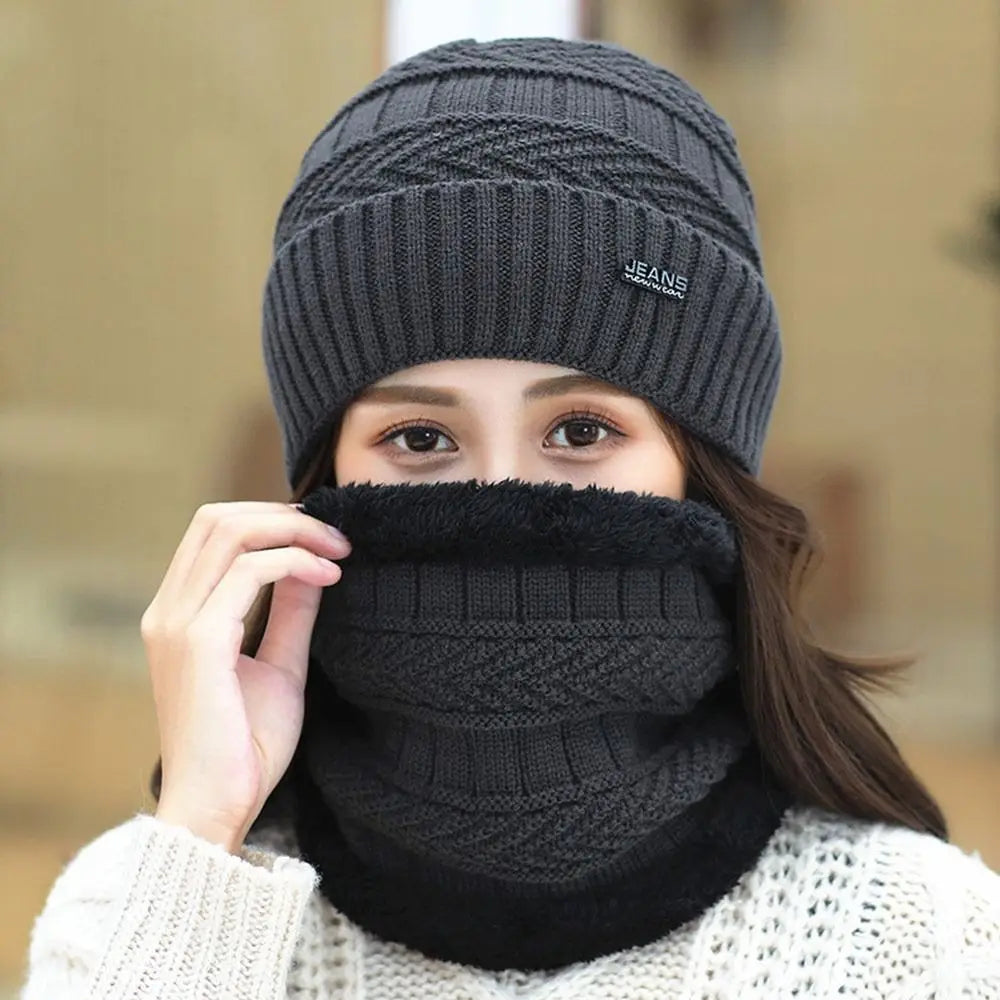 Winter Beanie Hat Scarf Thermal Fleece Knitted Hat Soft Warm Balaclava Wool Neck Warmer Scarf Cap