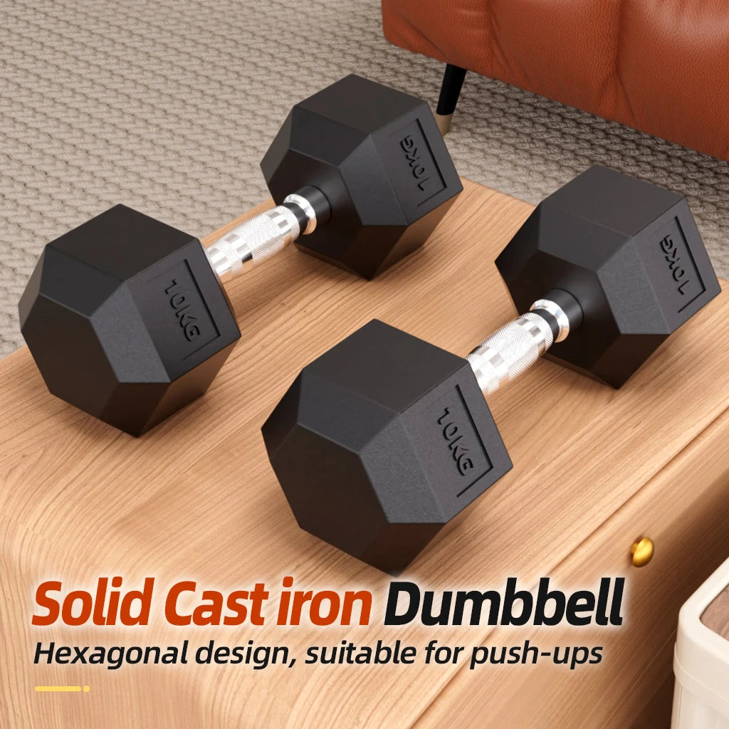 A Pair of Hexagonal Dumbbells, Pvc Coated, with a Metal Core Structure. Hexagonal Design Prevents Rolling. Available in Two Weights: 5kg and 10 Kilograms. This Fitness Equipment Is Suitable for Bodybuilding, Strength Training