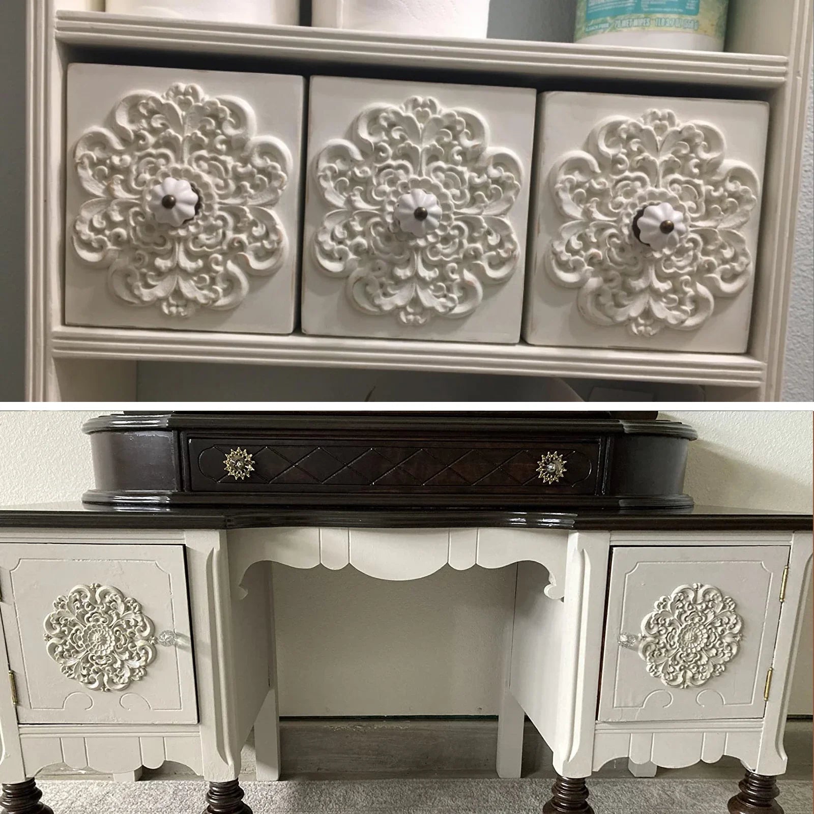 10cm Round Flower Wood Carving Decal Unpainted Disc Onlay Decor Door Furniture Symmetrical European Court Exquisite Single-sided