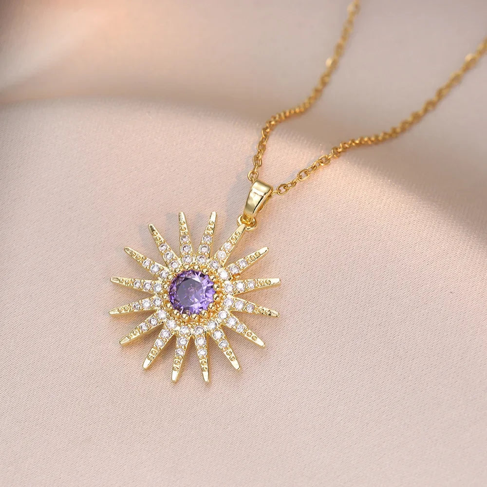 Stainless Steel Gold Color Zircon Sunflower Pendant Necklace for Women Girls Lovely Jewelry Accessories Gifts for Thanksgiving
