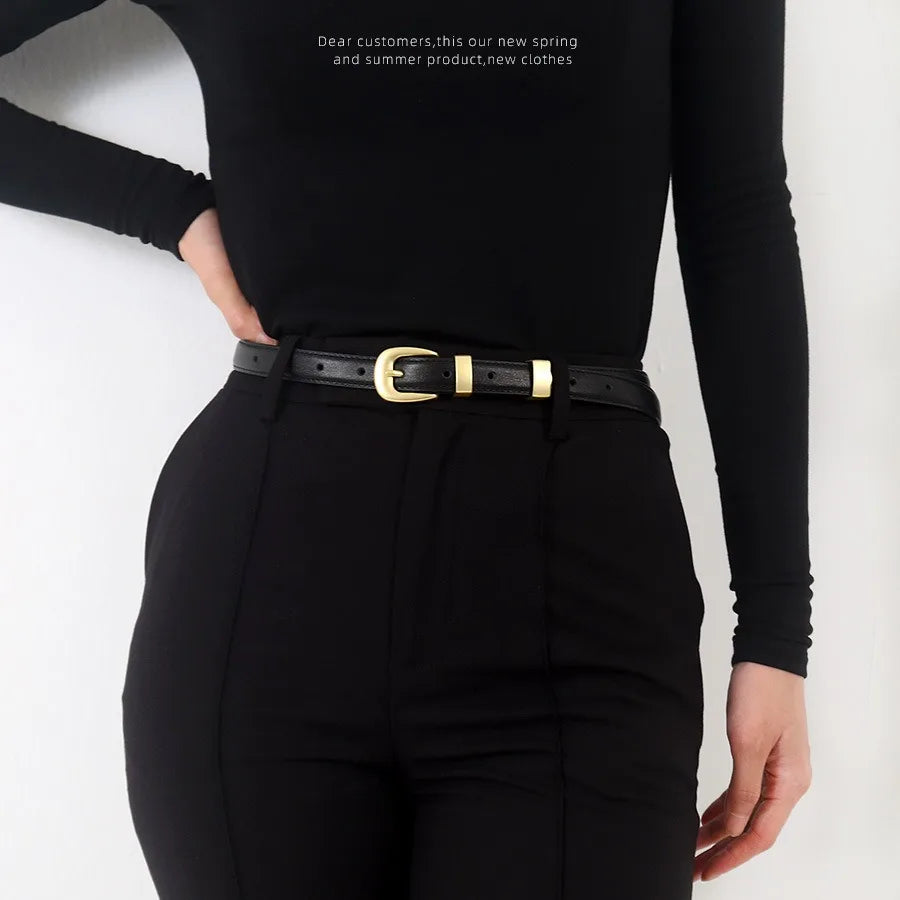 Women's Versatile Classic Belt Dress Pants Jeans Fashion Accessories Casual Business Slim Belt Gold Alloy Buckle