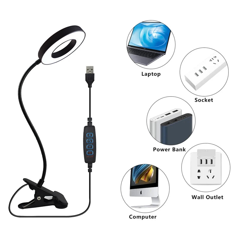 LED Desk Lamp Eye Protection Learning Reading Manicure Facial Selfie Supplement Light Magnifying Glass Desktop Clip Lamp