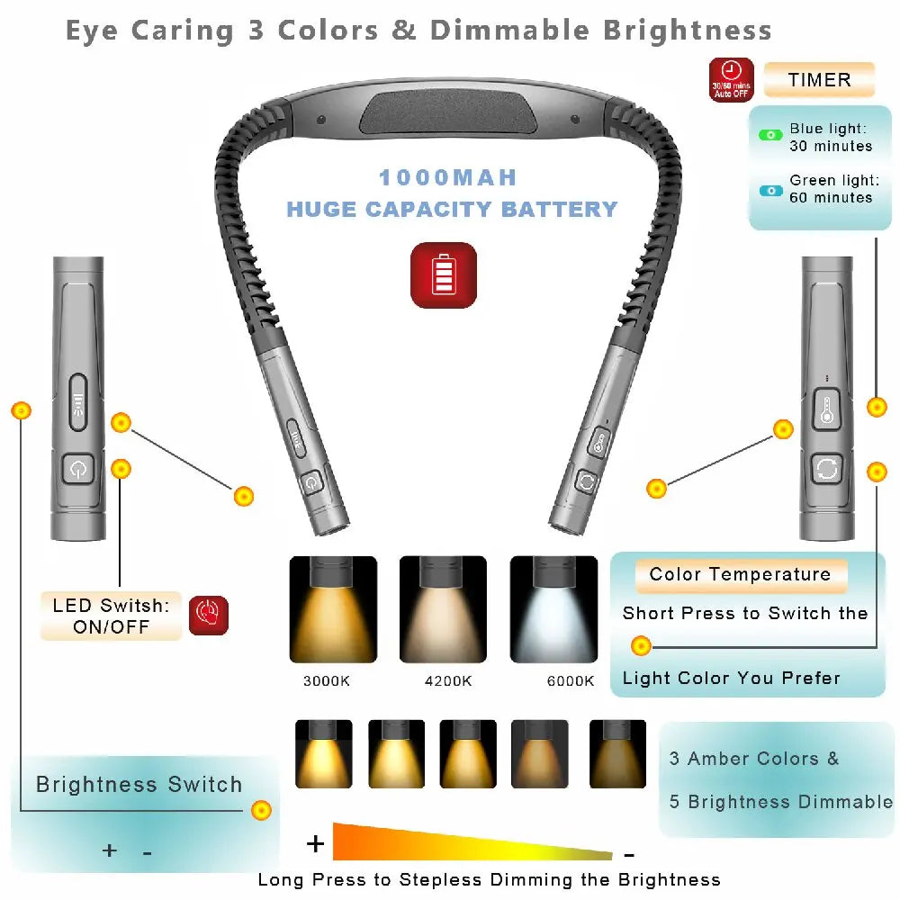 LED Neck Hanging Lamp Reading Light Rechargeable Read Night Lamp Portable Adjustable Hand Free Book Light Reading Neck Book Lamp