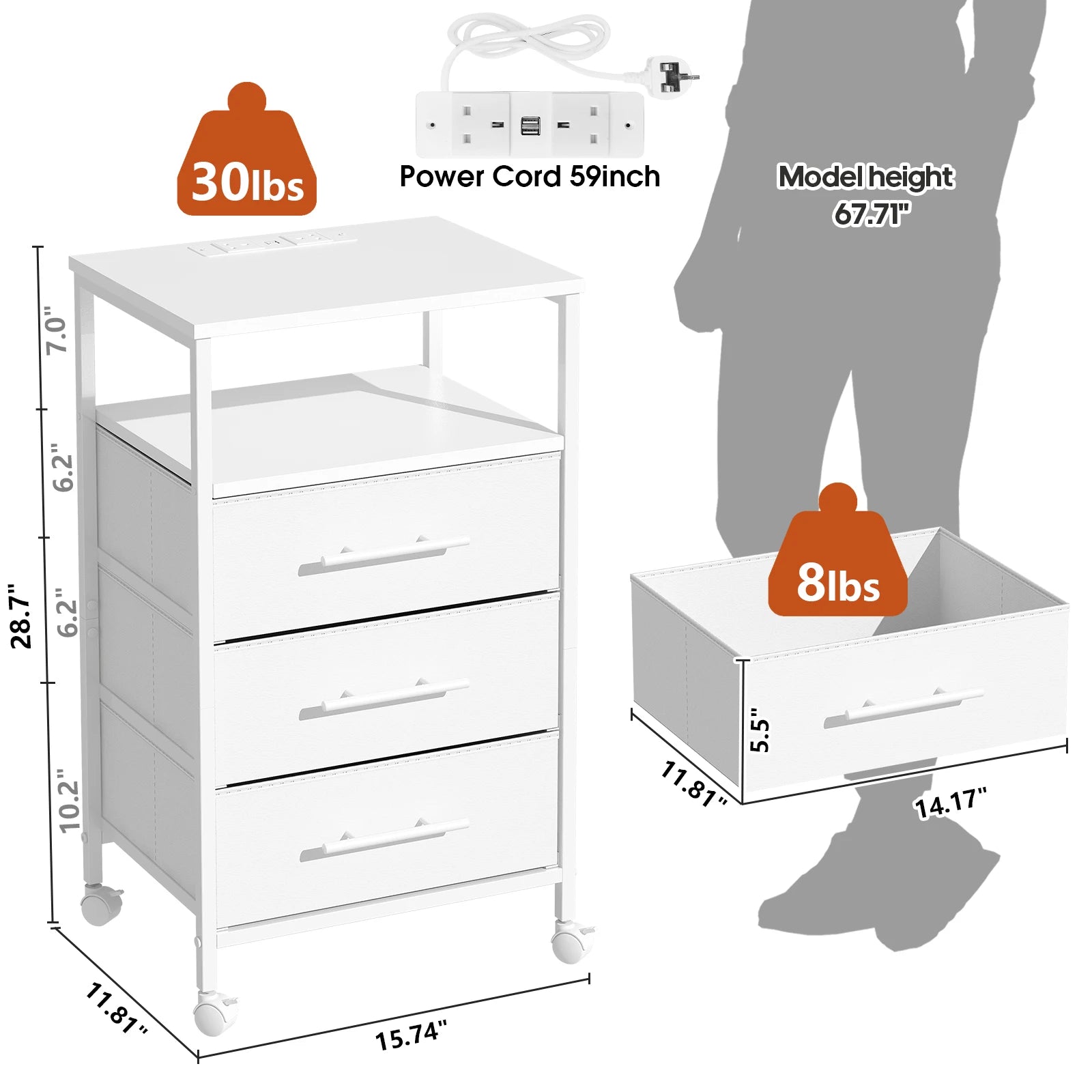Bedside Table With Charging Station Nightstand With 2 Outlets And 2 USB Ports With 4 Castors