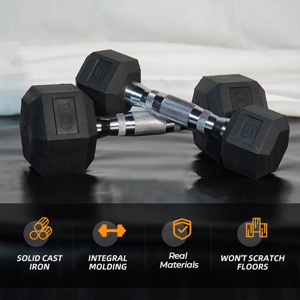 A Pair of Hexagonal Dumbbells, Pvc Coated, with a Metal Core Structure. Hexagonal Design Prevents Rolling. Available in Two Weights: 5kg and 10 Kilograms. This Fitness Equipment Is Suitable for Bodybuilding, Strength Training