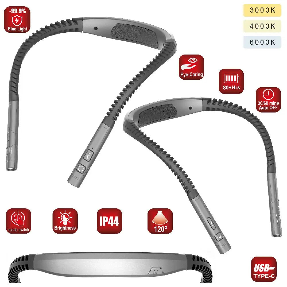 LED Neck Hanging Lamp Reading Light Rechargeable Read Night Lamp Portable Adjustable Hand Free Book Light Reading Neck Book Lamp