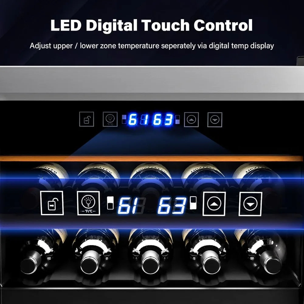 33 Bottle Wine Fridge, Dual Zone Wine and Beverage Refrigerator with Independent Temp & LED Control Panel, Freestanding