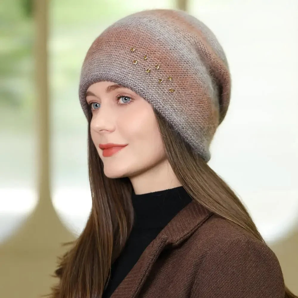 Women Rabbit Fur Gradient Winter Hat Fashion Decorate Beanie Hat Warm Winter Cap For Female Casual Streetwear Knitted Hat