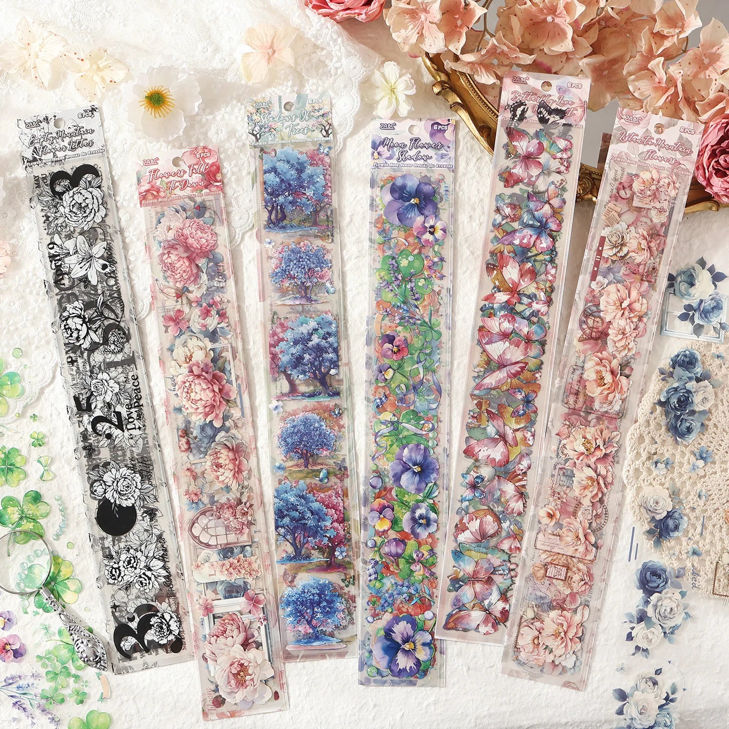 6sheets Plant Flower Decorative Sticker Large Size PET Hand Account Material Sticker Pack Scrapbook Diary Album Journal Planner