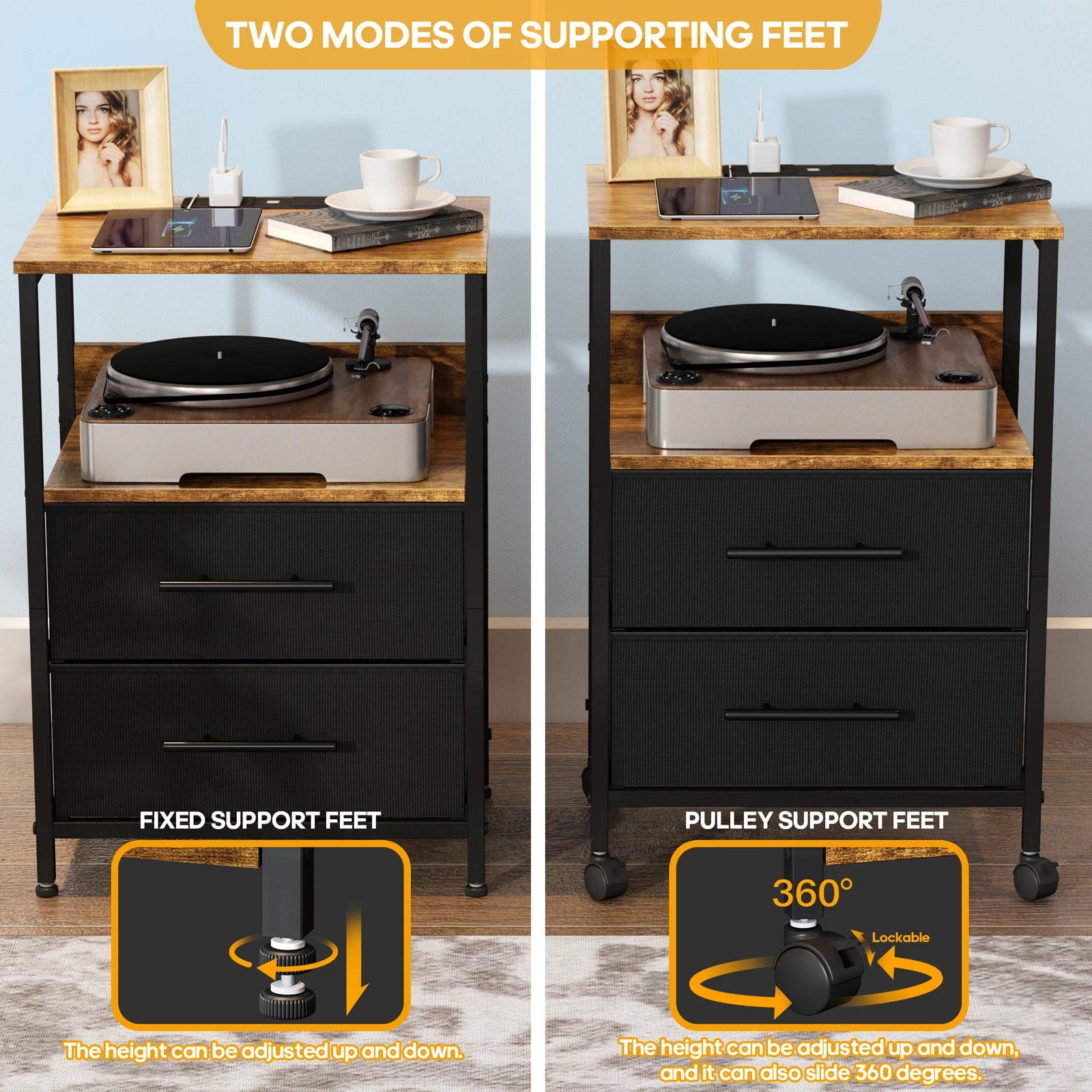 Bedside Table With Charging Station Nightstand With 2 Outlets And 2 USB Ports With 4 Castors